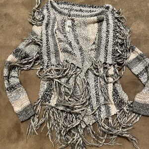 Bethany Mota Gray and Cream Fringe Cardigan